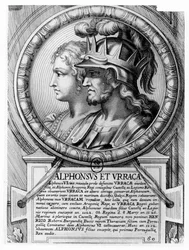 Alfonso I, stridsmannen och Urraca (gravyr)