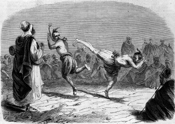 Algerisk sed: arabisk dans. Teckning av herr Rigo efter en skiss av herr Ameler, bataljonschef. Gravyr i "Le Monde Illustré" nr 86 den 11 december 1858.