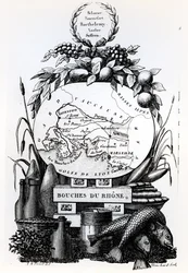 Allegorisk karta över departementet Bouches-du-Rhone, ca 1830