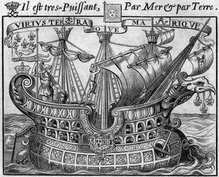 Allegori om fransk makt: "Statens skepp", en symbol för Frankrike, påminner också om vapen i staden Paris. Utdrag ur "Livre des monnoyes etrangeres ou le grand banker de France" (1687) av Francois Barreme (1638-1703), fransk matematiker. Eng