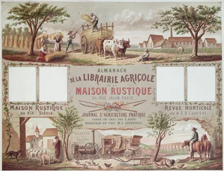 Almanacka som illustrerar traditionella och moderna jordbruksmetoder. c.1870-80
