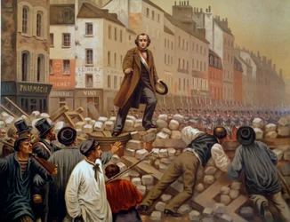 Alphonse Baudin (1811-1851) på barrikaden i Faubourg Saint Antoine den 3/12/1851 under Louis Napoleon III:s (Louis-Napoleon Bonapartes) statskupp Gravyr från 1851