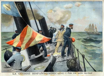 American Hispano War (eller Desastre of 98) - Det spansk-amerikanska kriget: fångst av ett handelsfartyg. Det spansktalande-amerikanska kriget - ta ett handelsfartyg. Illustration för Le petit Journal