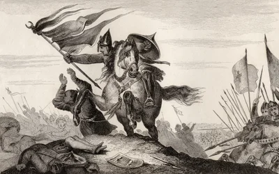 En fransk riddare i strid från 800-talet, ur "Histoire de France" av Colart, publicerad ca 1840 (gravyr)