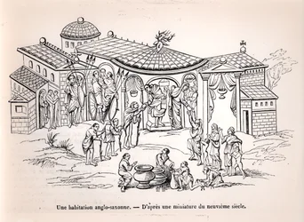 Ett anglosaxiskt hem i England före normandernas ankomst, efter en miniatyr från 800-talet