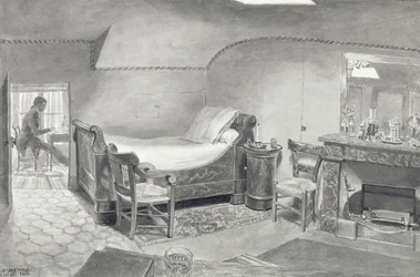 En vindsinredning av en konstnär i Paris, ca 1830 (penna & sepia bläck och sepia wc på papper)