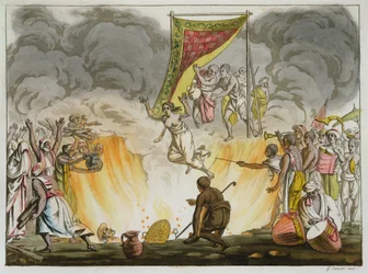 En indisk änka bränner till döds med sin mans kropp, skylt 30 från en bok om Indien, graverad av Gaetano Zancon (1771-1816)