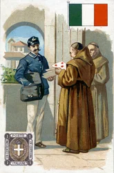 En italiensk brevbärare som levererar post, sent 1800-tal