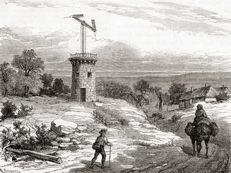En flygtelegrafpost på 1700-talet, från Les Merveilles de la Science, publicerad ca 1870 (gravyr)