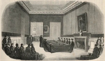 En examen i styrelserummet på School of Law i Paris - Gravyr i "" Tableau-de-Paris"" av Edmond Texier 1852