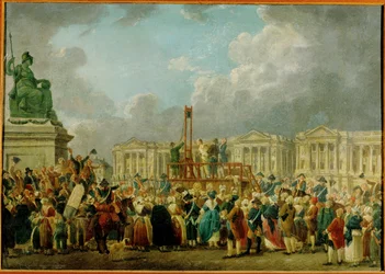 En avrättning på Place de la Revolution, tidigare Square Louis XV, nu Place de la Concorde, Paris ... (olja på trä)