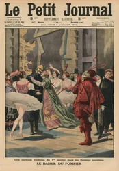 En märklig tradition den 1 januari på teatrarna i Paris, "Brandmannens kyss", omslagsillustration ur Le Petit Journals illustrerade bilaga, 4 januari 1914