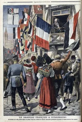 En gammal fransk soldat i tyskockuperade Strasbourg får visa den franska flaggan - "Le Petit Journal" 20 september 1908 (gravyr)