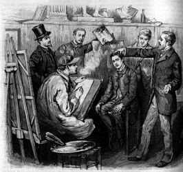 Analys av en frenolog (frenologi) på en kandidat i en konstskola i Paris. Gravyr i den berömda journalen "" La jeunesse""