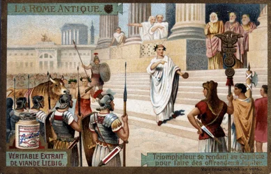 Antikens Rom: Triumphator till Capitolium för att offra till Jupiter - Chromolithography Liébig, v.1900