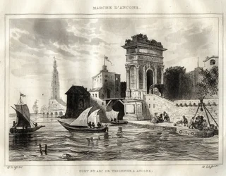 Ancona - Ancona - Italien - Trajanus båge, antikt romerskt verk som tillskrivs Apollodoro - Bågen är placerad i Ancona - Gravyr från "" Italy Picturesque"" - Historisk och beskrivande målning av Italien" av M. de Norvins, Ch. Nodier 1834-1836.