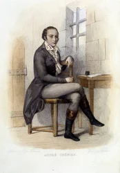 Andre Chenier (1762-1794), fransk poet, vid conciergen - i "Le Plutarque francais", red. Mennechet