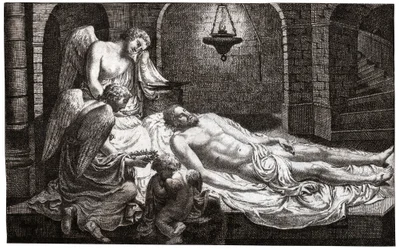 Änglar runt Jesus. (gravyr