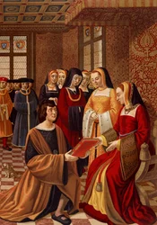 Anne av Bretagne (1477-1514) omgiven av sina hedersdamer. Kromolitografi efter en 1500-talsminiatyr. Library of Arts Deco, Paris