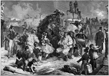 Årlig fest med små skorstenar på gatorna i London, England, maj 1860. Under dansen för att fira vårens ankomst gör ett barn en quete med åskådarna; Gravyr i "Le Monde Illustré"" nr 160 av 12 maj 1860.