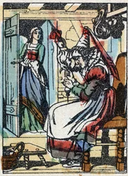 Anonym illustration för "La belle au bois dormant", berättelse av Charles Perrault (1628-1703), fransk författare. Trästick av Imaging Pellerin - Epinal, sd. Sent 1800-tal.