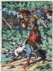 Anonym illustration för "La belle au bois dormant", berättelse av Charles Perrault (1628-1703), fransk författare. Trästick av Imaging Pellerin - Epinal, sd. Sent 1800-tal.