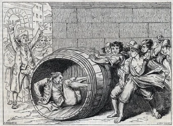 Antisemitförföljelse på 1600-talet: en jude rullar i en tunna av invånare i Rom. Illustration av "" Meo Patacca", dikt av Giuseppe Berneri (1637-1700). Gravyr av Bocourt.