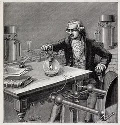 Antoine Laurent de Lavoisier (1743-1794) leder ett experiment - i ""Popular Physics" av Emile Desbeaux