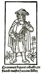 Apokryfiska porträtt av poeten Francois Villon i "Det stora testamentet" - "Cy comence le grant codicille & testamet maistre Francois Villon"" (här börjar grand codicille et testament) utgåva P Levet 1489 (träsnitt)