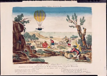 Utseendet av Jean Pierre Blanchards varmluftsballong (1753-1809) mellan Calais och Boulogne, 1785