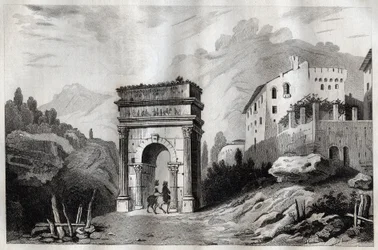 Augustus båge (Susa) - Augustus båge (Susa) - Arco di Augusto (Susa) - Gravyr från "" Italien Pittoreska" - Historisk och beskrivande målning av Italien"" av M. de Norvins, Ch. Nodier 1834-1836.