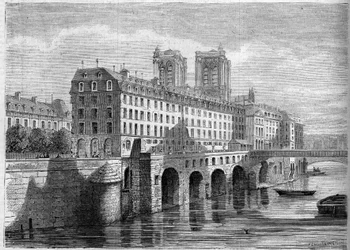 Arkitektur: exteriör vy av Hotel Dieu på Ile de la Cite i Paris, innan dess rivning. Vy tagen från Quai de la Tournelle 1859. Gravyr i "" Le Monde Illustré"" nr 136 den 19 november 1859.