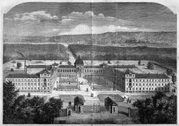 Arkitektur; allmän bild av det kejserliga asylet för konvalescentarbetare i Vesinet, byggt enligt planerna av arkitekten Eugene Laval (1818-1869) och invigt 1859. Gravyr i "" Le Monde Illustré"" nr 77 av 2 oktober 1858.