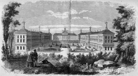 Arkitektur: allmän bild av militärsjukhuset i Vincennes (1858). Gravyr i "" Le Monde Illustré"" nr 61 av 12 juni 1858.