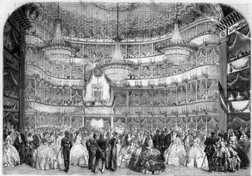 Arkitektur: invändig utsikt över den kungliga teatern (1800-talet) i Nice (Alpes Maritimes, 06), 1858, under välgörenhetsbalen som ges av Societe francaise d