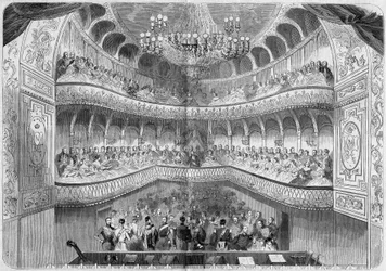 Arkitektur: invändig utsikt över teatern (1700-talet) i slottet Fontainebleau. Gravyr i "" Le Monde Illustré"" nr 61 av 12 juni 1858.