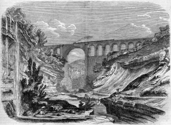 Arkitektur: utsikt över Valserine-viadukten (Rhone Alpes) på järnvägslinjen som förbinder Lyon med Genève. 1858. Gravyr i "" Le Monde Illustré"" nr 48 av 13 mars 1858.