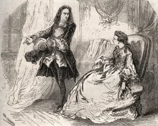 Armande Béjart (1641-1700), hustru till Jean-Baptiste Poquelin, kallad Molière (1622-1673), med sin älskare, greven av Guiche. Gravyr från 1871 i ”Histoire des Cocus Célèbres” av Henry de Kock (1819-1892).