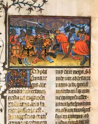Armékämpe. Miniatyr hämtad från manuskriptet av Francesco Petrarch eller Petrarch (1304-1374) italiensk forskare, poet och humanist, De Viris Illustribus,, 23rv. Valencias universitetsbibliotek.