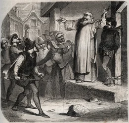 Arnaud du Tilh (Thil) är fäst vid en galge och utsätts för folkmassans förolämpningar innan han avrättades för att han tillskansat sig Martin Guerres identitet (cirka 1524 omkring 1560). Gravyr från 1871 i "Histoire Des Cocuses Celebres"" av Henry de Kock 