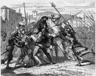 Gripandet av Ludovico Maria Sforza, kallad il Moro (1452-1508), i Milano år 1500: Förrådd av schweiziska legosoldater föll han i den franska arméns händer. Gravyr i "Frankrikes historia i hundra målningar" av Paul Lehugeur
