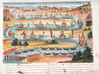De franska ambassadörernas ankomst till Siam, från en redogörelse för jesuiterna i Siam, 1688 (wc på papper)
