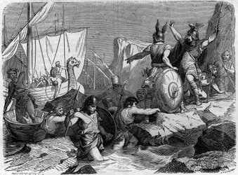 Normandernas ankomst till den franska kusten under medeltiden. Gravyr i "Histoire des papes-kings-queens-et-empereurs a travers les centuries"" av Maurice Lachatre