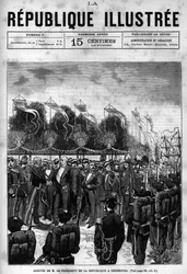 Ankomst av republikens president Jules Grevy (1807-1891) vid Cherbourg-firandet. En tidning. Gravyr från 1880 i "La republique illustree"" privat samling.