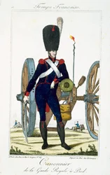 Artillerist från det kungliga gardet med en kanon, från Troupes Francaises, pub. hos Basset, Paris, ca 1790