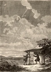 Konstnärsillustration av Benjamin Franklins undersökning av blixtens elektriska natur, från "Les Merveilles de a Science", av Louis Figuier, ca 1870 (gravyr)