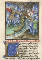Arundel 67, f.144, Medeltida soldater slåss, över en flod, från Chroniques d