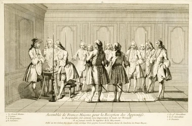 Frimurarförsamling för att inviga en lärling, ur Religionens och sedens ceremonier, cirka 1733