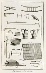 Sortiment av trädgårdsredskap, från Encyclopedie des Sciences et Metiers av Denis Diderot (1713-84) publicerad ca 1770