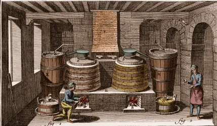 Workshop av en eau de vie destilleri - brännvinsdestilleri - "" La Grande Encyclopédie, ou Dictionnaire Raisonne des Sciences, des Arts et des Metiers" (Encyclopedia or Dictionary of the Sciences, Arts and Professions) av Denis Diderot (1713-1784) och Jean